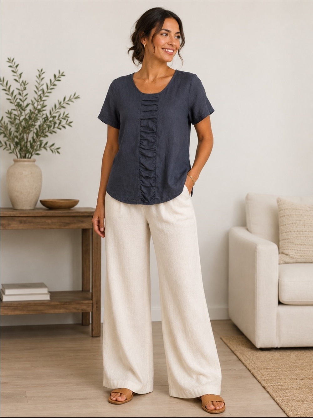 KHANGURA Women's Black Linen Lagenlook Tunic Blouse Top Women's Beachy Coastal